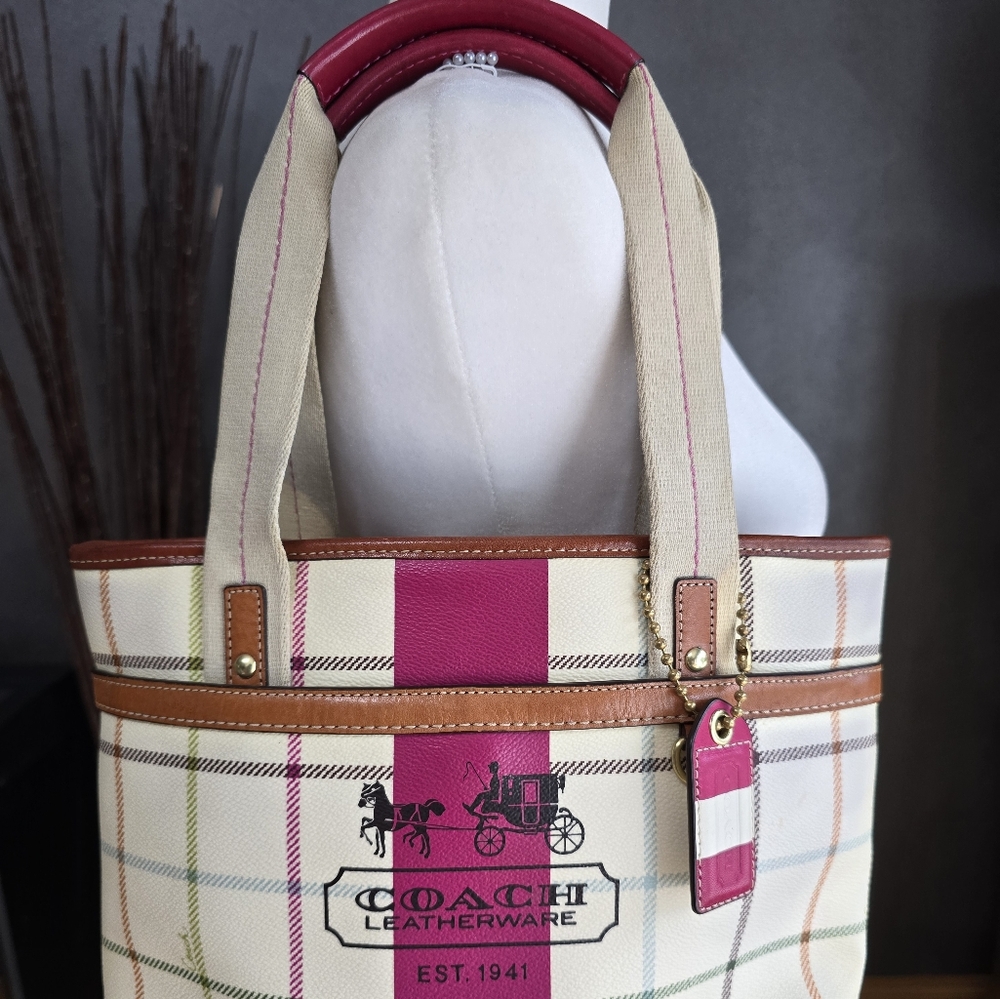 Coach Pink and Cream Plaid Tote - Picture 3 of 15